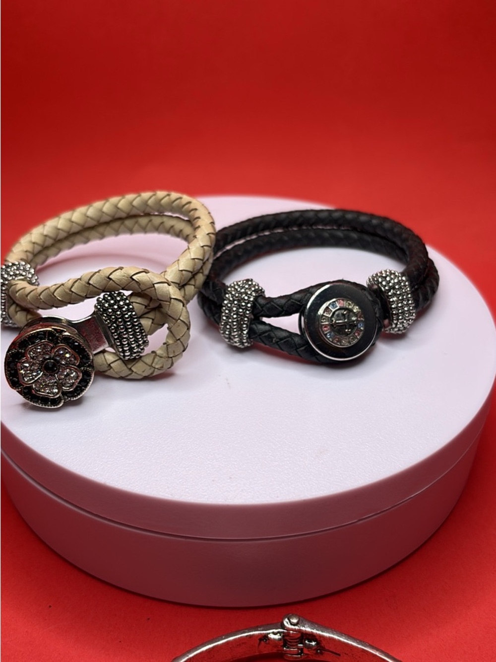 Braided Leather Button Charm Bracelet - Cream and Black-3 different ones!!